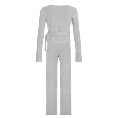 Women Fashion Lounge Set Vintage 2 Piece Outfit Spring Autumn V Neck Waist Tie T-shirt+Elastic Waist Pants Long Sleeve Crop Tops