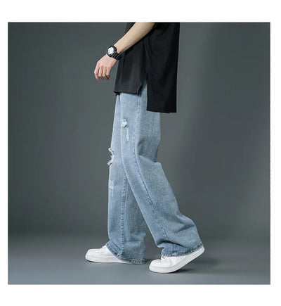Ripped Jeans Men Ins Trendy Straight Leg Loose Wide Leg Pants High Waist Floor Mopping Denim Pants Versatile Casual Pants Men's