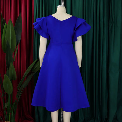 Elegant Party Dresses for Women V Neck Ruffles Sleeve High Waisted A Line Mid Calf Luxury Birthday Dinner Vestidos Mujer Dress