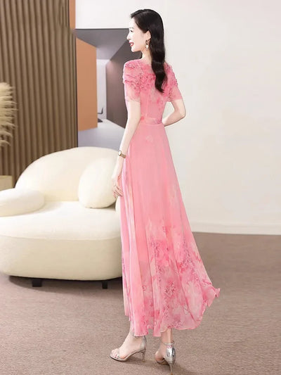 Women's Summer Dress 2025 New Fashion Printed Pink Chiffon Dress O-neck Short Sleeved Long Party Dresses Elegant Women Vestidos