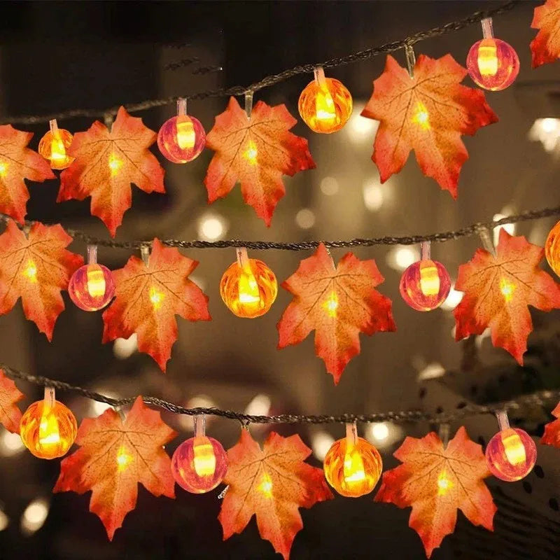 Autumn Artificial Fall Maple Leaves Pumpkin Garland Fairy Lights Halloween Thanksgiving Party Atmosphere Decoration Supplies