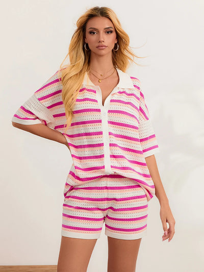 Women Pajamas Set 2 Pieces Loungewear Suits Summer Striped Contrast Color Button Crochet Knit Tops and Shorts Lounge Sets Beach
