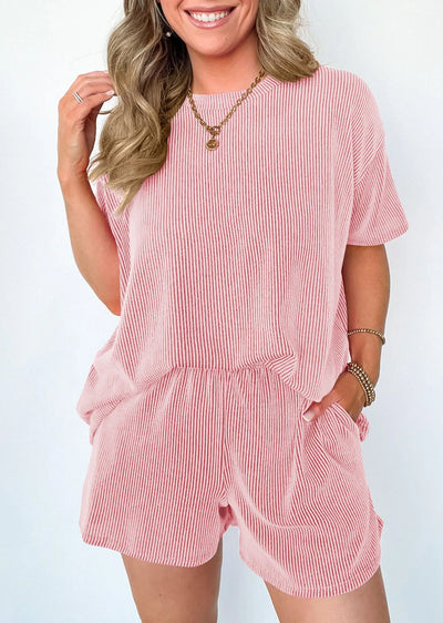 Women's clothing 2025 summer short-sleeved wavy crew neck top, elastic waist shorts two-piece set
