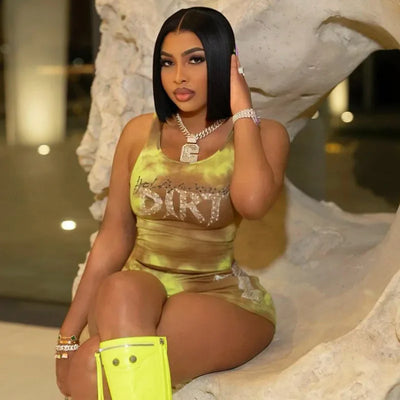 Sexy Biker Short Set Outfit Women 2025 Summer Fashion Tie Dye Print Diamonds Letter Rib Tank Top and Shorts 2 pcs Workout Sets