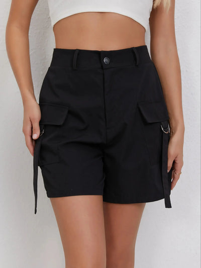 Women's High-Waist Slimming Cargo Shorts with Dual Side Pockets and Flowing Straps