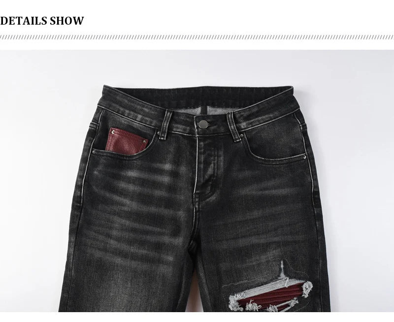 Fashionable new men's jeans with pleats, washed water, nostalgic perforations, red patches, men's black and gray jeans, high str
