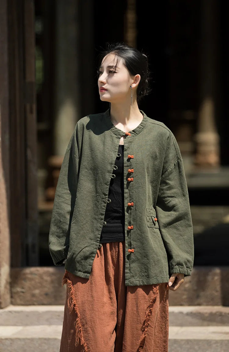 Cotton Linen Women's Literary Vintage Ramie Tops Shirt Women's Patchwork Colour Plate Button Lapel Cardigan Jacket Chinese Style