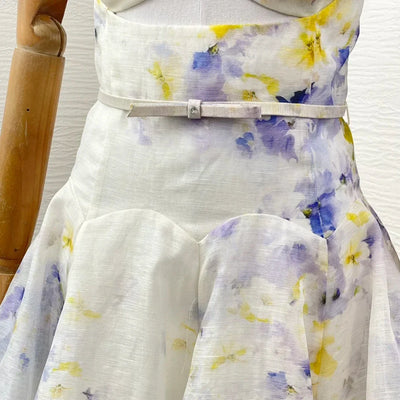 Overlap Pleats 2025 New Floral Print Linen Silk High Quality Spring Summer Sleeveless Shirred Strapless Women Midi Dress