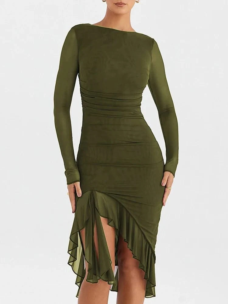 Ruffle Ruched Midi Dress For Women