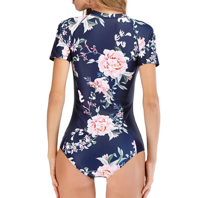 Women's One-piece Fashion Surf Short Sleeve Wetsuit With Chest Pad No Steel Bra Swimsuit Floral Printed Skinny Zipper Swimwear