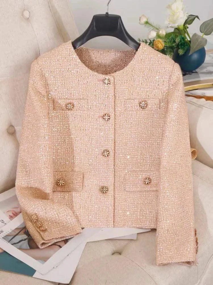 High Quality Luxury Small Fragrance Tweed Jacket Women High-end Sequins Slim Woolen Coat Korean Fashion Outwear Jaqueta Feminina