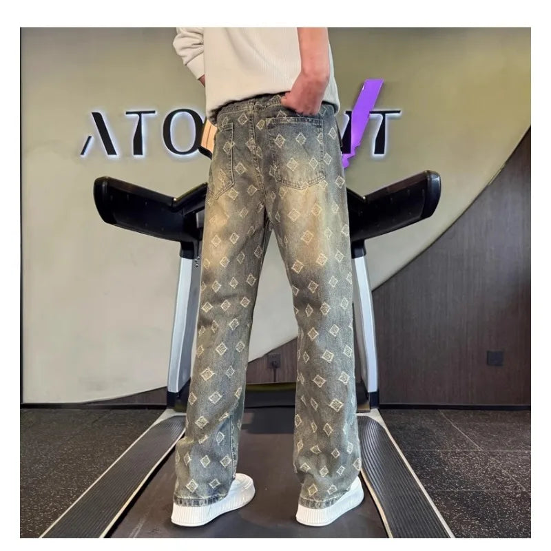 Light Blue Full Print Jacquard Jeans for Men, Niche Design, Curved Knife Pants, American High Street Vibe Straight Leg Pants