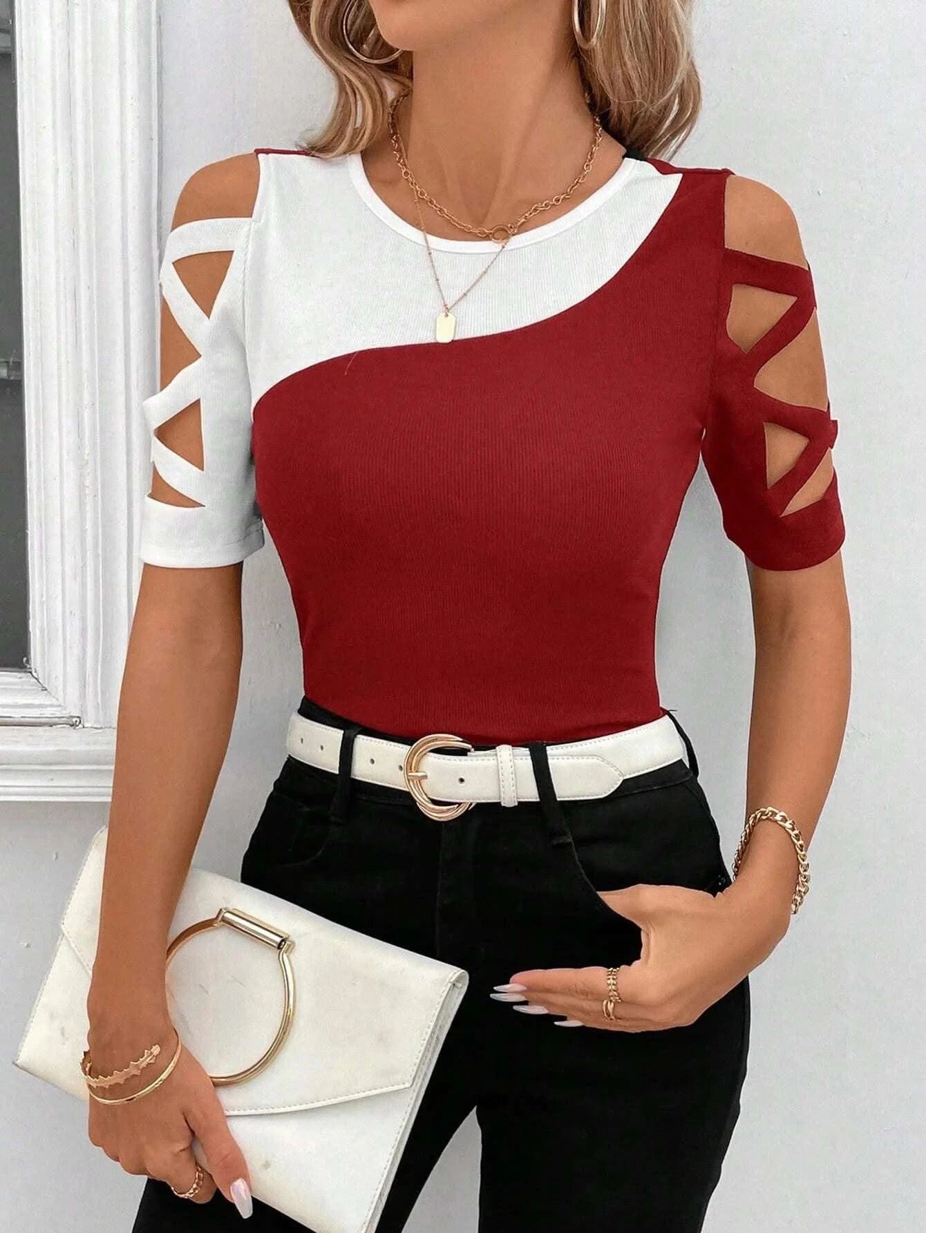 Women's Blouses T-shirt Summer New Colour Block Cross Off Shoulder