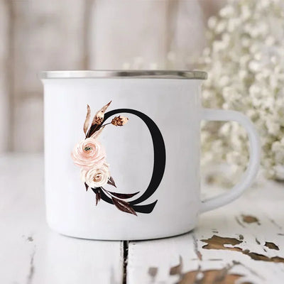 Initial Letter Print Mugs Enamel Creative Coffee Cups Drinks Wine Juice Milk Cup Vintage Home Office Handle Drinkware Best Gifts