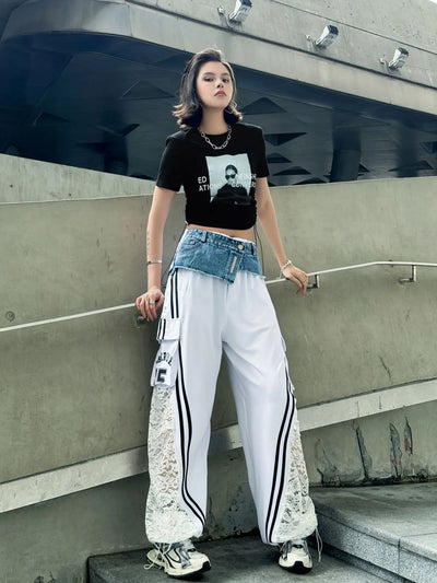 Wide Leg Pants Women Floor Length Patchwork Lace Denim Stripe Print High Waist Multiple Pockets 2025 Streetwear Cargo Trousers
