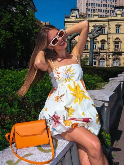 ZBZA Women's Suspender Print Dress Straight Neckline Spaghetti Straight Straps Zip Beach Mini Skirt Summer New Female Chic Dress