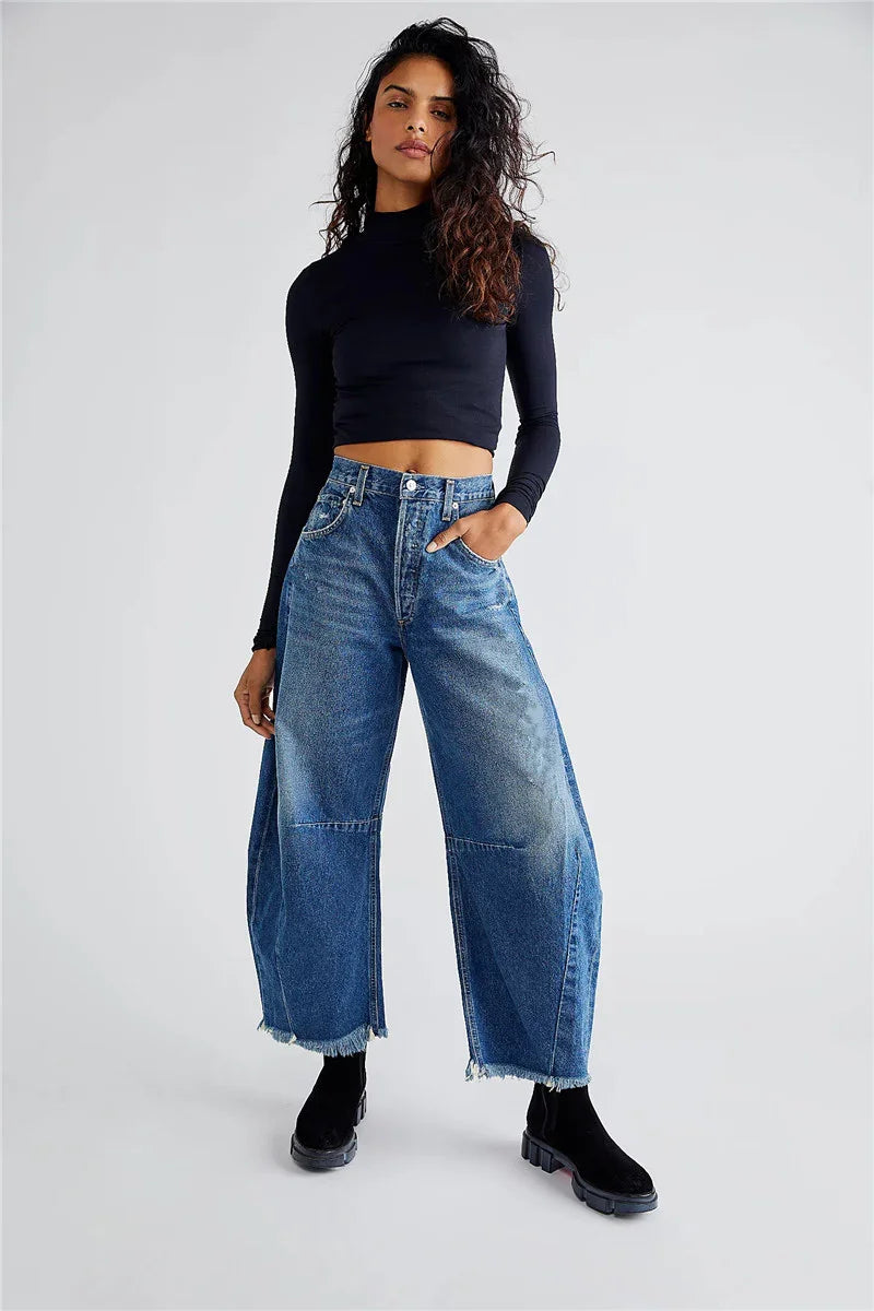Imcute Women Casual Wide Leg Baggy Denim Pants Mid Waist Boyfriend Loose Jeans Y2k Vintage Barrel Jeans Streetwear