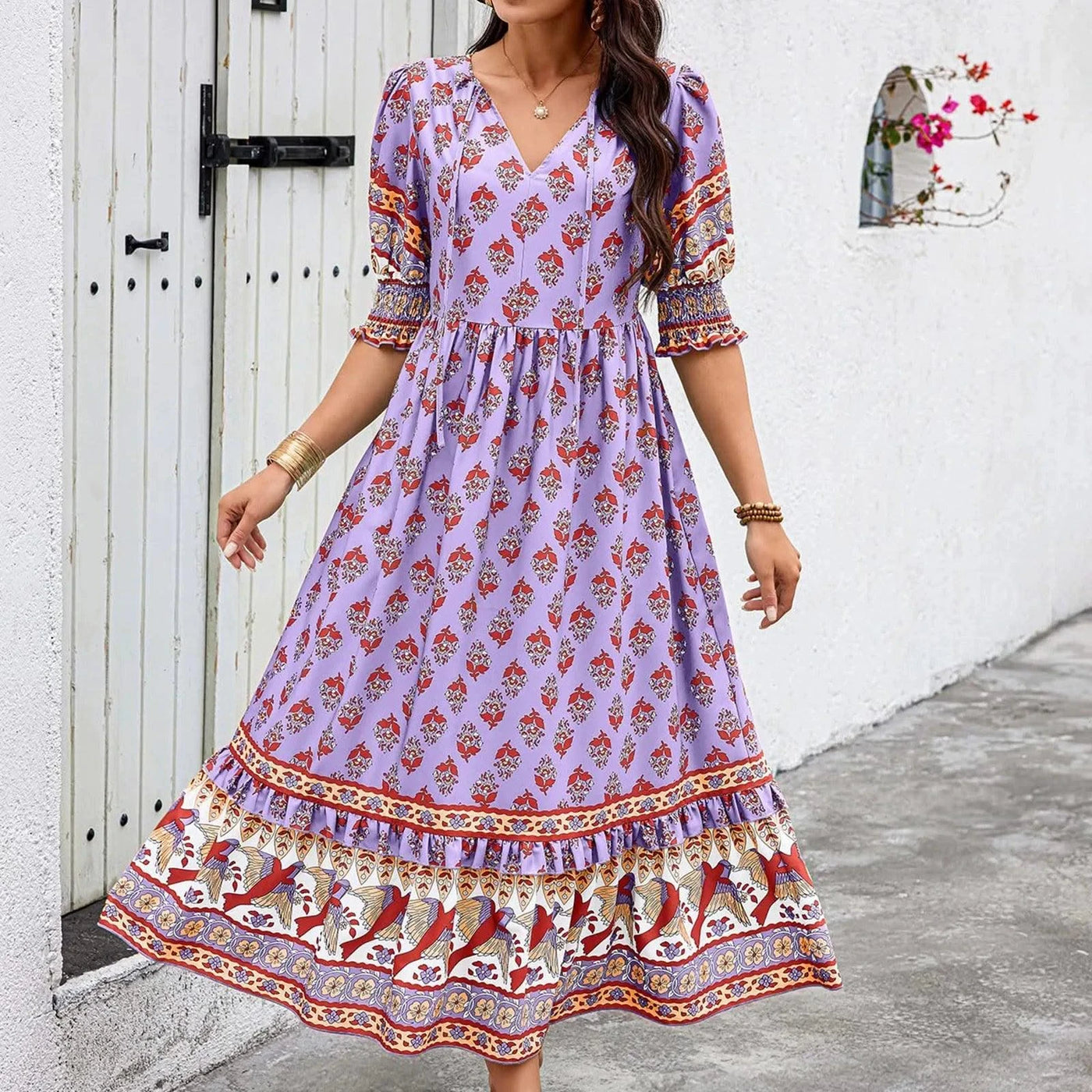 dresses for women Fashion summer Casual long dresses Bohemian V-Neck Printed High Waisted Big Swing Dress vestidos cortos