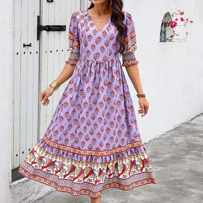dresses for women Fashion summer Casual long dresses Bohemian V-Neck Printed High Waisted Big Swing Dress vestidos cortos