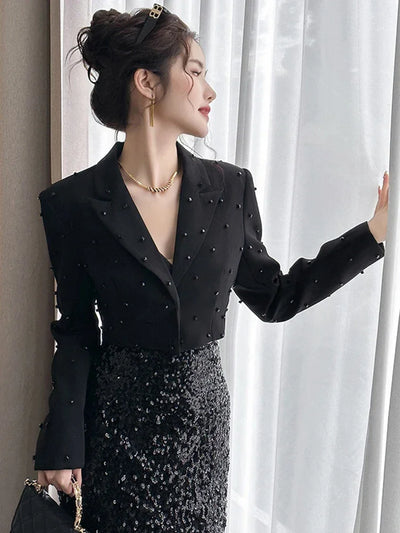 Fashion Chic Women's Blazer Office Lady Bright Black Long Sleeve Short Casual Party Coat Ladies Outerwear Stylish Cropped Tops
