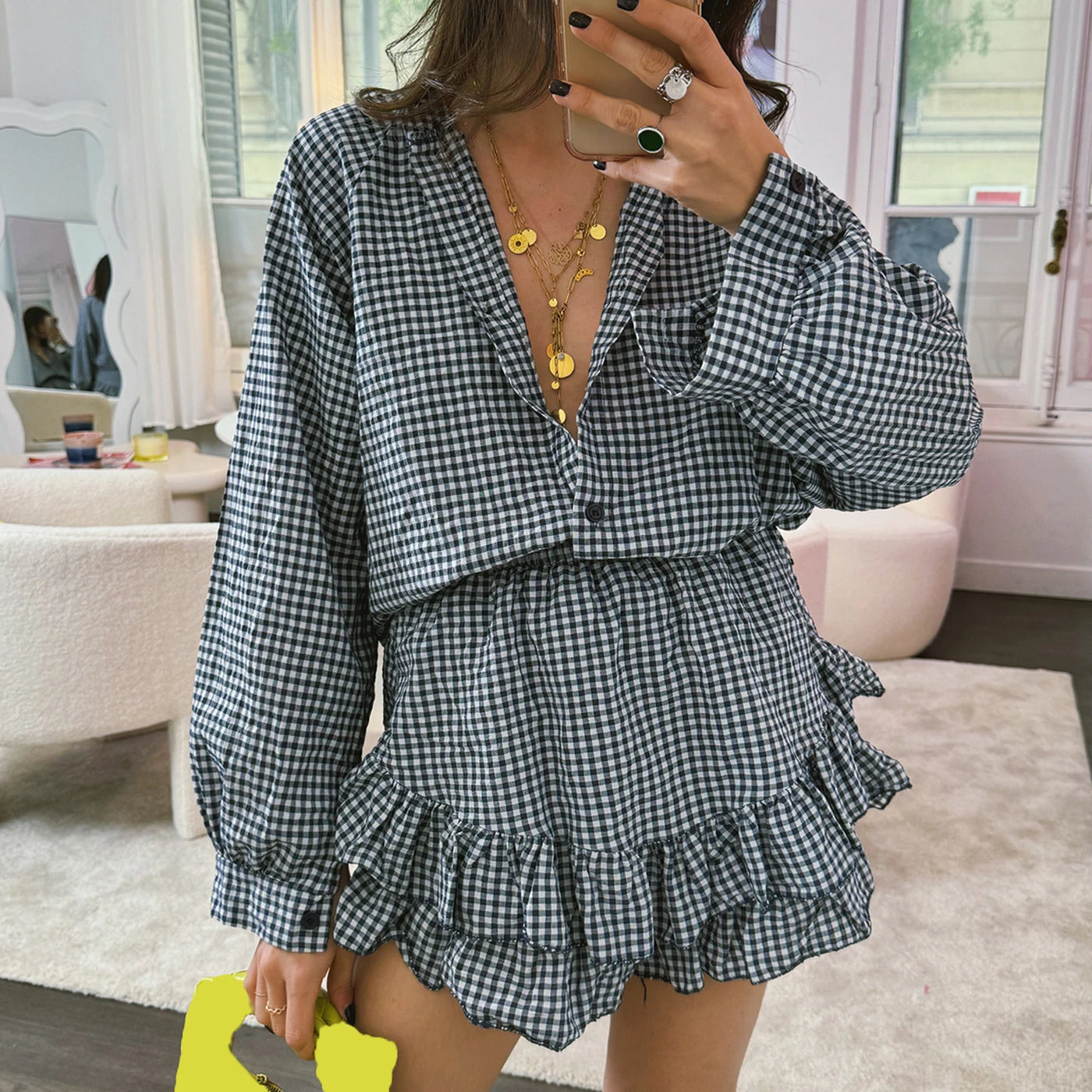 Women's Aesthetic 2 Piece Clothes Outfits Sets Plaid Long Sleeve Button Down Shirts Tops Tiered Ruffle Skirted Shorts Loungewear