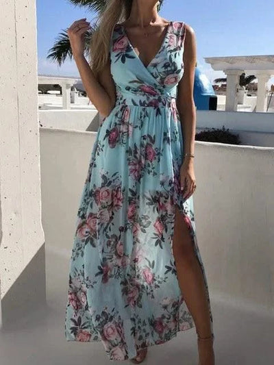Summer Women Dress Floral Print Fashion Slim V-Neck Tie-Up Backless Chiffon Sexy Sleeveless Slit Maxi Cover-Ups Robe Beach Dress