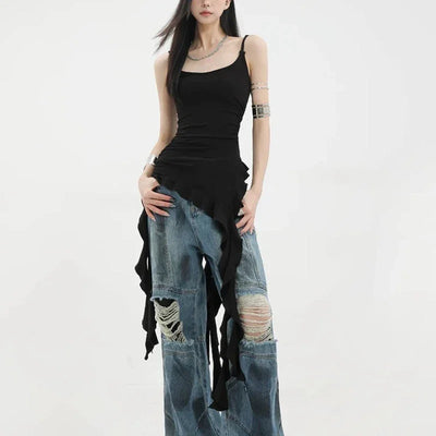 Deeptown Sexy Tank Top Asymmetrical Black Y2k Women Ruffle Grunge Backless Coquette Fashion Streetwear Tops Solid Aesthetics