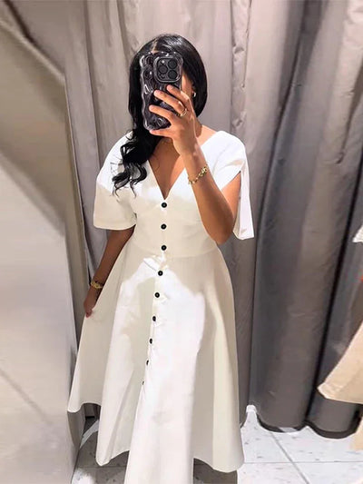 Women's Dress 2025 Summer Autumn New White Short Sleeve Buttons V Neck Midi Dress Casual Fashion Personality Versatile Vestidos