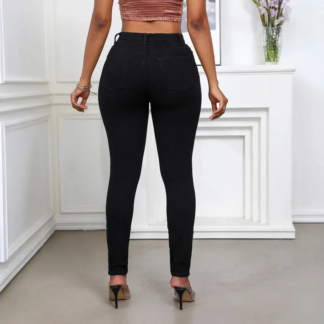 Women's Spring and Fall Fashion Elastic Ripped Jeans Women Casual Close-fitting High-waisted Denim Small Leg Pants Pencil Pants