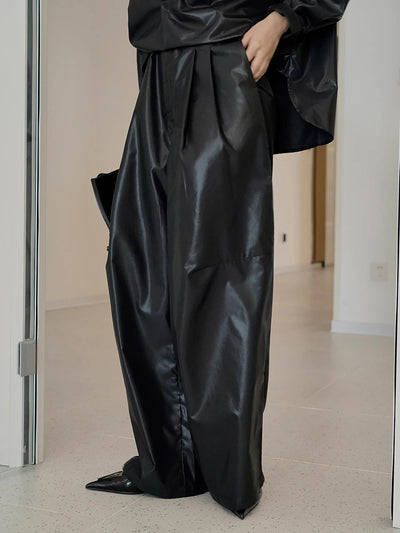 High Waist Black Glossy Casual Long Wide Leg Pants New Loose Fit Trousers Women Fashion Tide Spring Autumn 2025