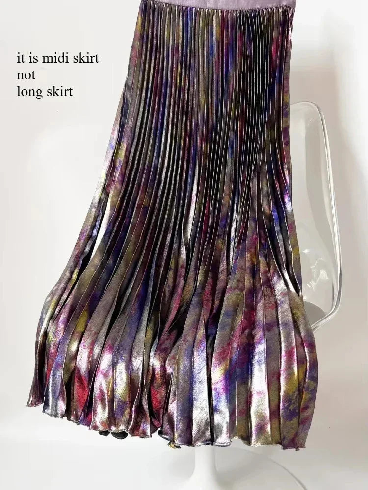 Shiny Colorful Luxury High Waist Midi Skirt 2025 Spring/Summer Fashion Trends Elastic Waistband Pleated Skirt Old Money Style