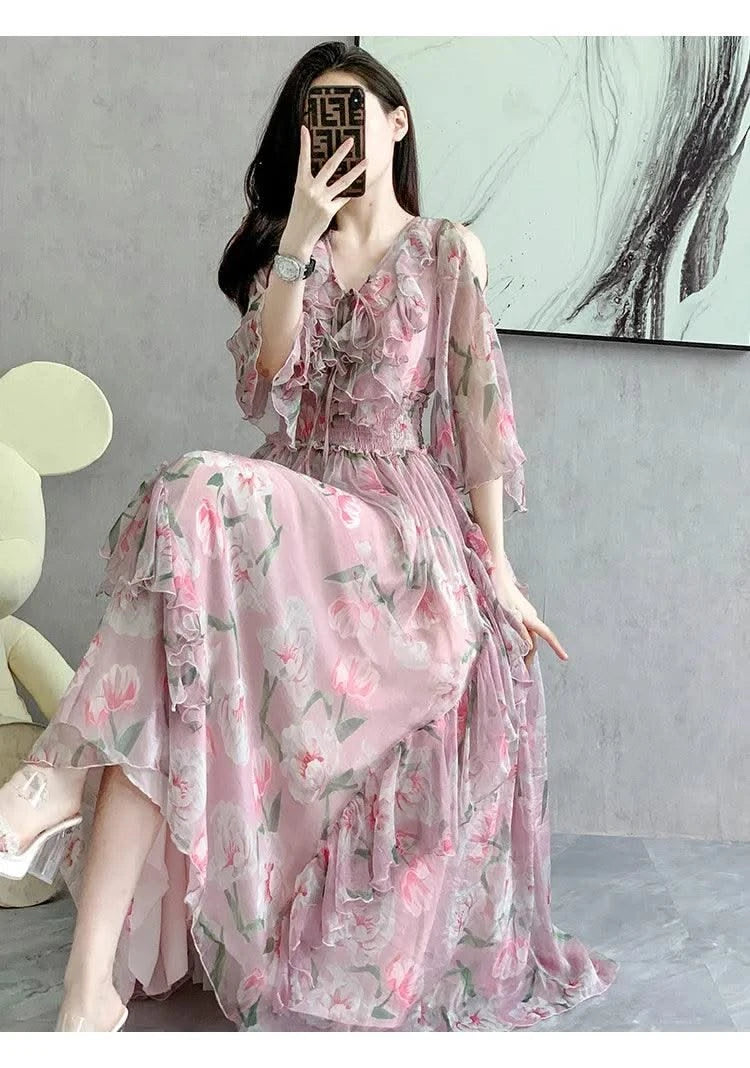 Women Sexy Off Shoulder V Neck Floral Print Dress Summer Gorgeous Flower Pink Chiffon Cascading Ruffles Evening Party Prom Robe