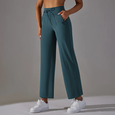 Wide Leg Pants With Pockets Women's Loose Yoga High Waist Legging Drawstring Outdoor Casual Jogging Gym Sports Flare Pants
