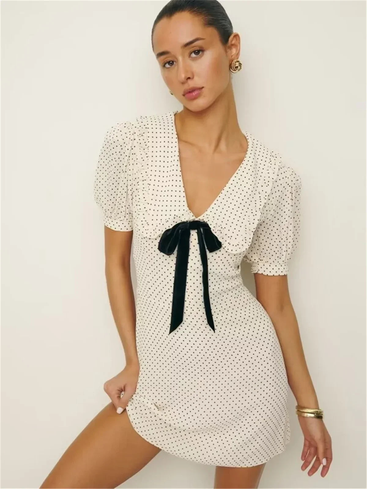 Luxury Dresses Women 2025 Summer Short Dress Sexy Frenchy Mini Dress Short Puff Sleeve Mini Dress With Bow Detail Dots Print