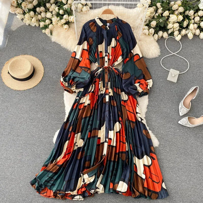 Retro Print Elegant Pleated Lace-up Chiffon Long Sleeve Dress A-line Blouse French Casual V-neck High Waist Women Summer Dresses