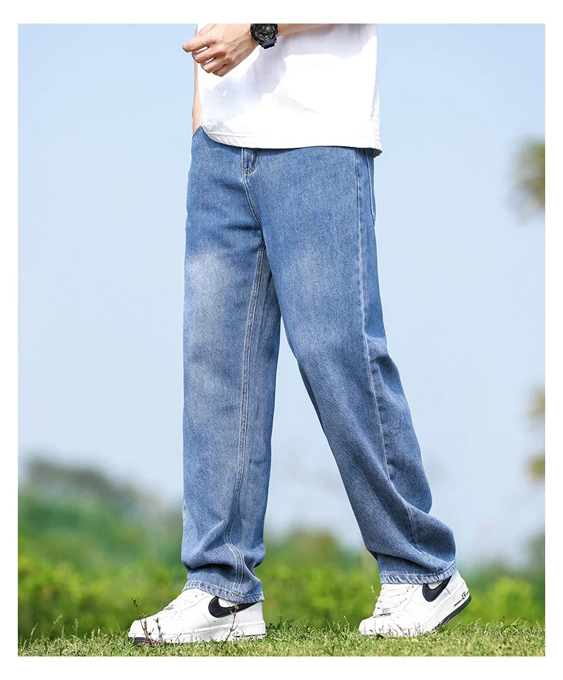 Men's Straight-Leg Jeans, Minimalist for All Seasons, Loose with Drape, Narrow-Wide Leg, Retro Casual Long Pants, Sizes 28-38