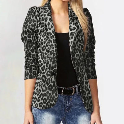 Women Casual Leopard Print Cardigan Jacket Coat Button Outwear Thin Blouses V-Neck Slim Polyester Spandex Women's Blazer