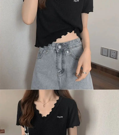 Oversized Summer Short Sleeve T-shirt Women's Foreign Style Versatile Slim Knitted Top Underlay