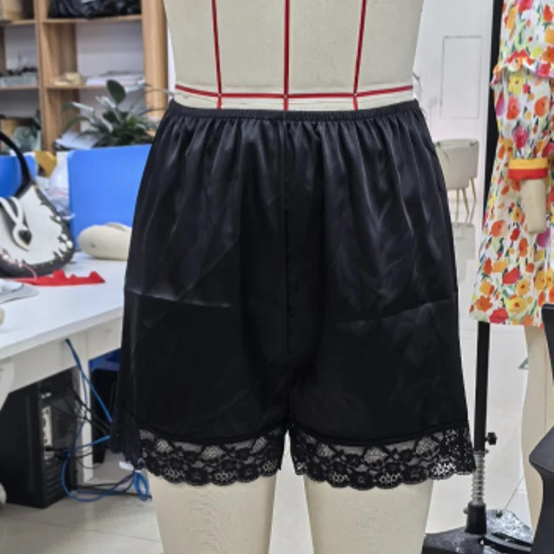 Women Cozy Satin Lounge Shorts Elastic Waist Lace Patchwork Loose Pajamas Shorts Sleepwear