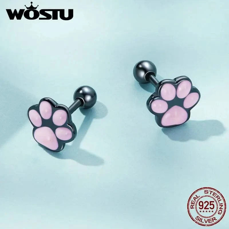 WOSTU Real 925 Sterling Silver Cat Ear Hoop Earrings For Women Lovely Pink Cute Pet Paw Studs Clips Girl Unique Jewelry Gift