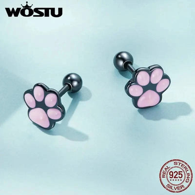 WOSTU Real 925 Sterling Silver Cat Ear Hoop Earrings For Women Lovely Pink Cute Pet Paw Studs Clips Girl Unique Jewelry Gift