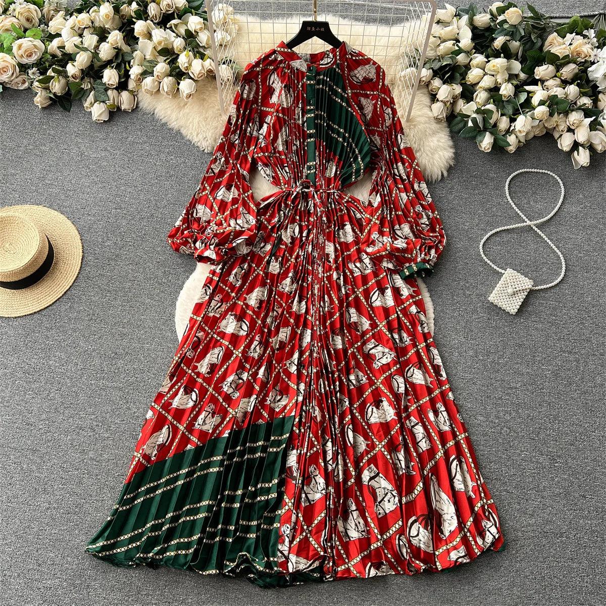 Retro Print Elegant Pleated Lantern Long Sleeve O Neck Single Breasted Dress A-line  Casual High Waist Women Summer Dresses