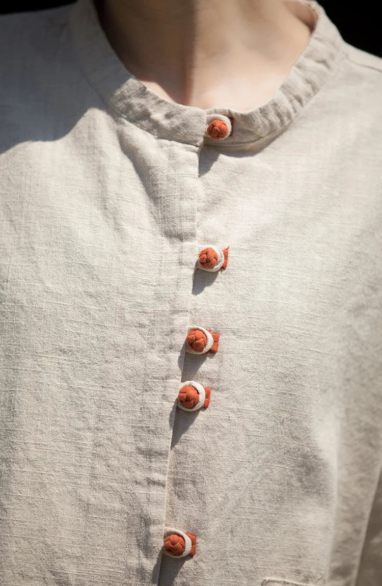 Cotton Linen Women's Literary Vintage Ramie Tops Shirt Women's Patchwork Colour Plate Button Lapel Cardigan Jacket Chinese Style