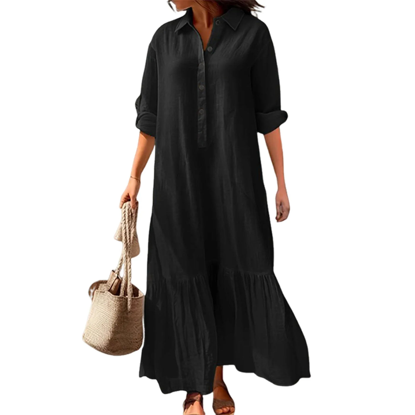 Stylish Button-breasted Dress for Women Elegant V-neck Cotton Linen Dress with Long Sleeves Button Decoration for Summer Ladies
