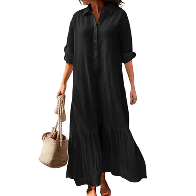Stylish Button-breasted Dress for Women Elegant V-neck Cotton Linen Dress with Long Sleeves Button Decoration for Summer Ladies