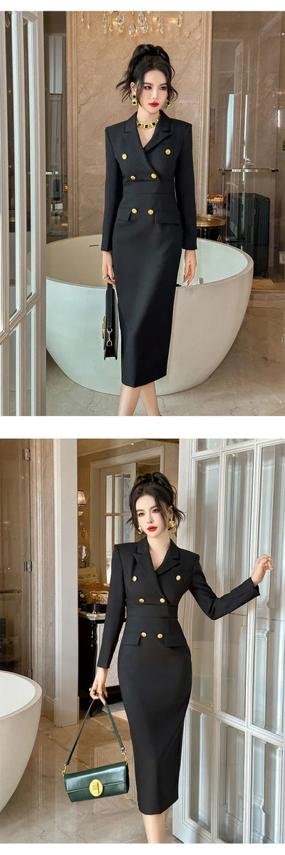 Fashion Elegant Midi Dress Women's Professional Business Style Long Sleeve Double Breasted Slit Robe Office Lady Work Vestidos