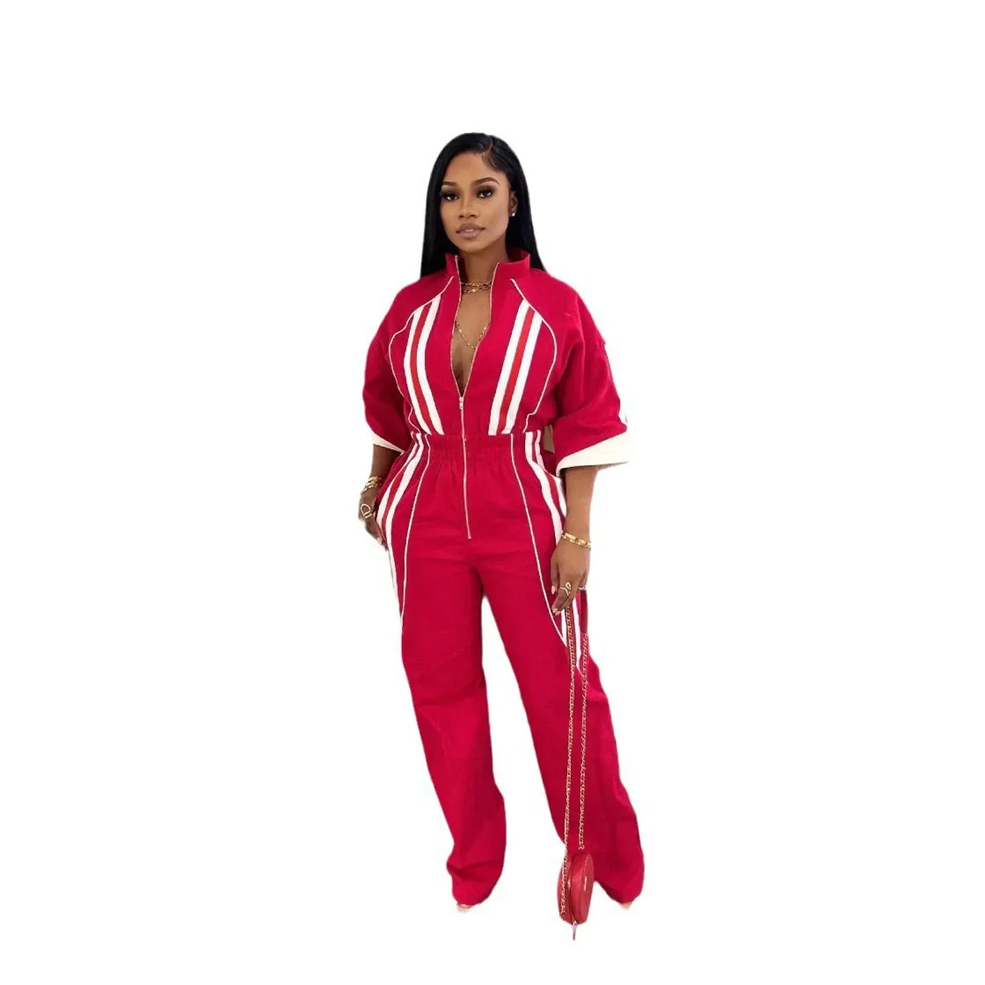 Women Jumpsuits For Spring 3/4 Sleeve Print Stripe Loose Fashion Streetwear Overalls Wide Leg Pants Trousers 2025 Summer