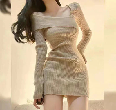 Knitted Dress Women Autumn Winter Long Sleeved Sexy Off Shoulder Stretch Sweater Solid Elegant Skinny Chic Korean Lady Dress