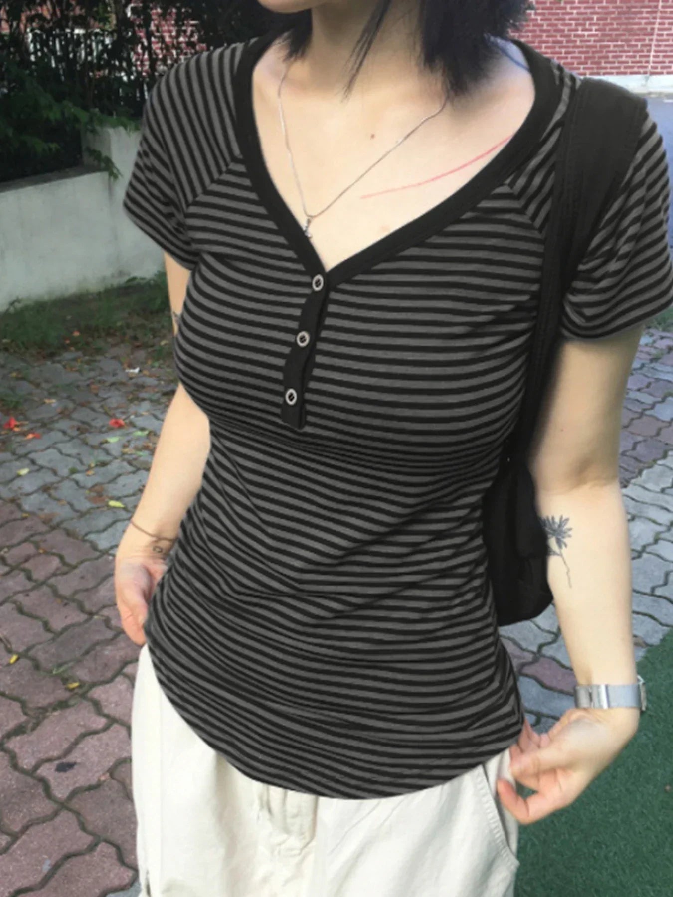 Korean Style Stripe Patchwork Women T-Shirts Short Sleeves Slim Fit Simple Causal Office Lady Clothing