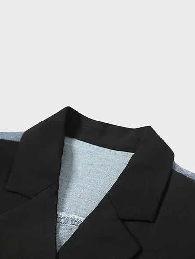 DEAT Women's Blazer Notched Collar Patchwork Denim Long Sleeve Khaki Long Sleeve Suit Coat  2024 Summer New Fashion  29L1530